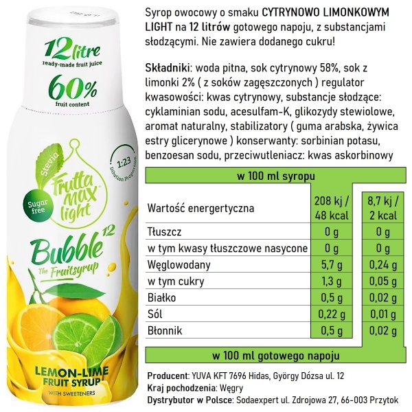 Syrop FruttaMax CYTRYNA LIMONKA LIGHT 500 ml na 12 litrów